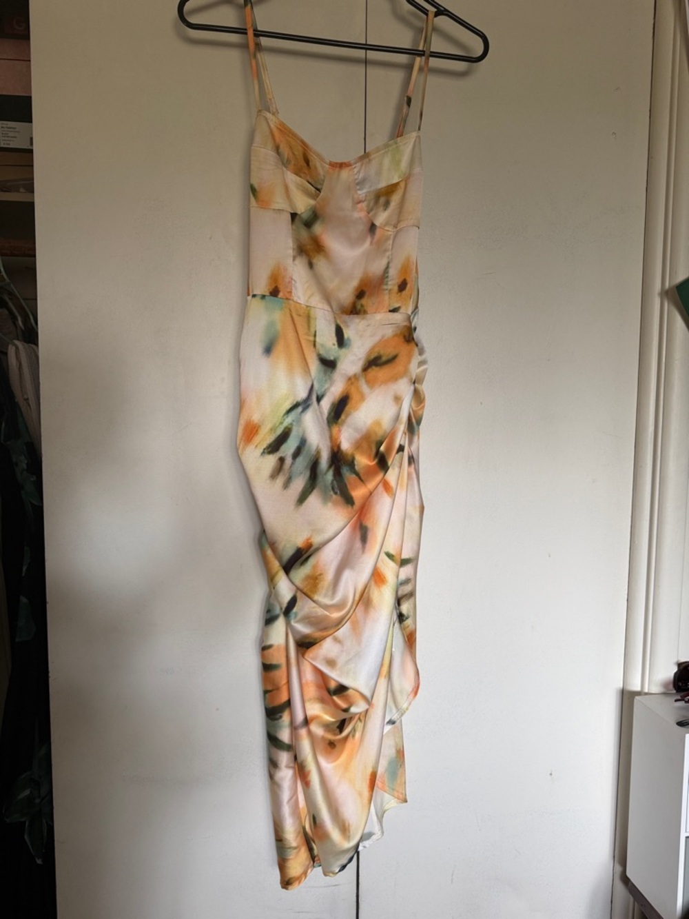 Spaghetti Strap Floral Satin Dress in Peach and Green